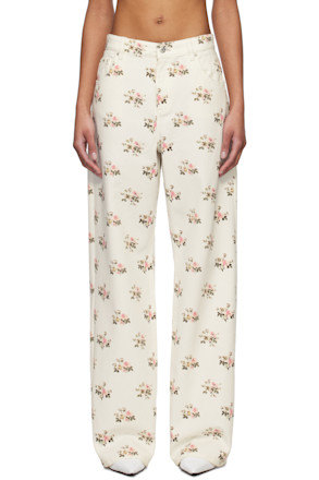 White & Pink Printed Boyfriend Jeans