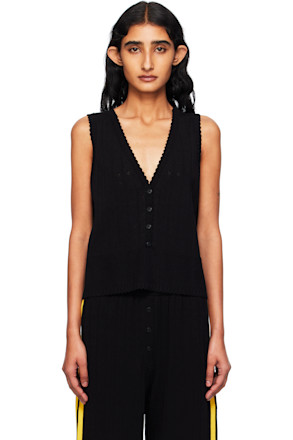 Black Organic Cotton Pointelle Waistcoat Cardigan