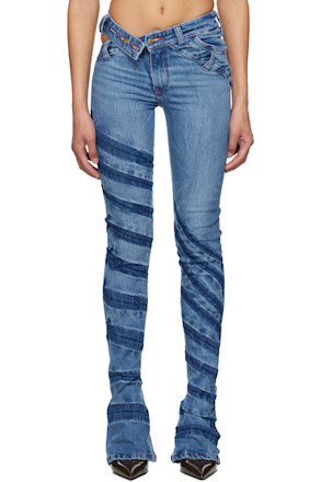 Blue Stripe Bias Cut Bell Bottom Jeans