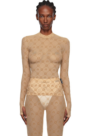 Tan Recycled Mesh Flock Second Skin Highneck Top
