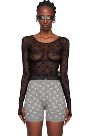 Black Moonogram Mesh Flock LS Cropped Top