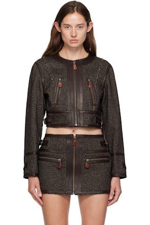 Brown Stitch Details Crewneck Jacket