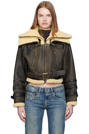 Black Cropped Shearling Bomber Jacket