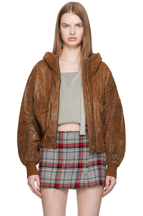 Tan Shirred Oversized Leather Bomber Jacket