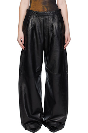 Black Pleated Wide Leg Leather Pants