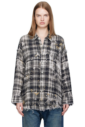Black & Off-White Shredded Seam Drop Neck Shirt