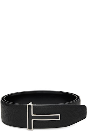 Black Leather Enamel Buckle T Reversible Belt