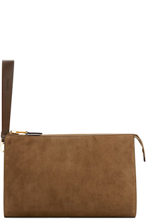 Brown Suede Calf Leather Mini Flat Pouch