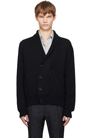 Black Wool Silk Shawl Collar Cardigan