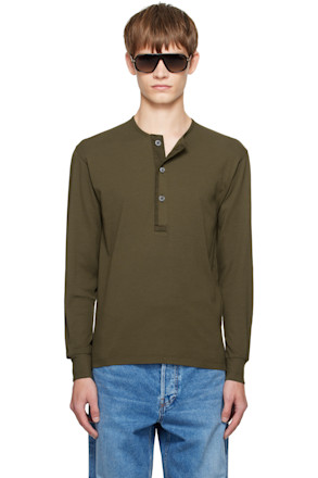 Green Cotton Stretch Rib Henley