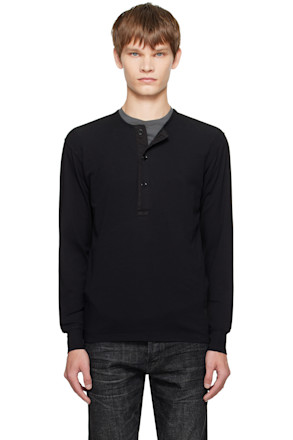 Black Cotton Stretch Rib Henley