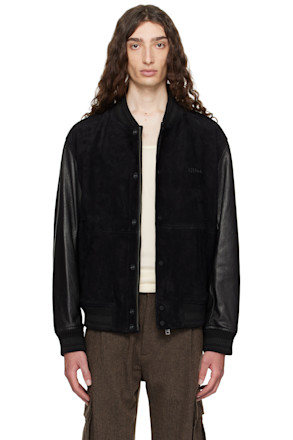 Black Embossed-Logo Leather Bomber Jacket
