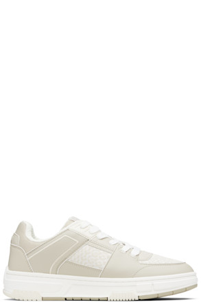 Beige Faux-Leather & Logo-Woven Sneakers