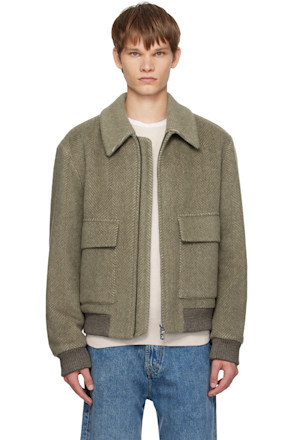 Khaki Regular-Fit Herringbone-Patterned Jacket
