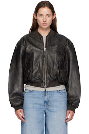 Black Alpha Crop Leather Bomber Jacket