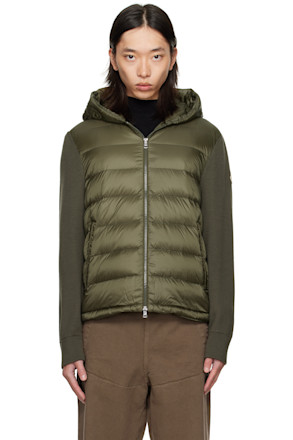 Khaki Padded Wool Zip-Up Down Hoodie