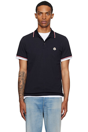 Navy Tricolor-Trimmed Cotton Piquet Polo