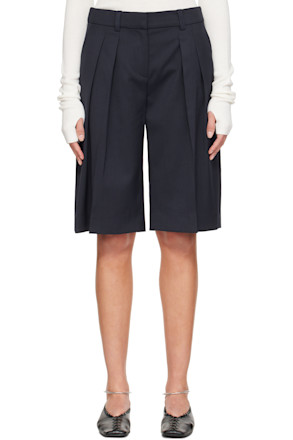Navy Bilbao Pleated Bermuda Shorts