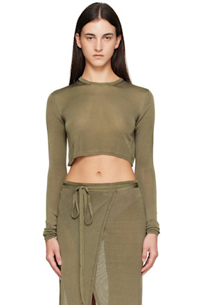 Khaki Kazel Cropped Thin Knit T-shirt
