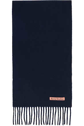Navy Skinny Fringe Wool Scarf