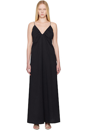 Black Hammered Silk V-Neck Strap Maxi Dress