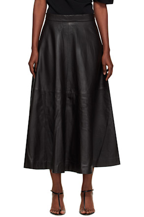 Brown A-Line Leather Midi Skirt