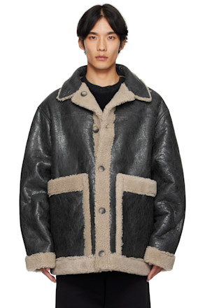 Black & Beige Crackled Reversible Shearling Jacket