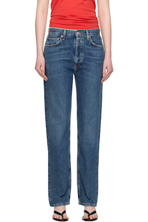 Blue 90's Pinch Waist Long High Rise Straight Jeans