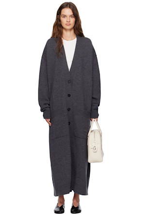 Gray Long V-Neck Knitted Cardigan