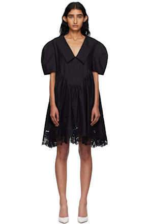 Black Lace Hem Puff Minidress