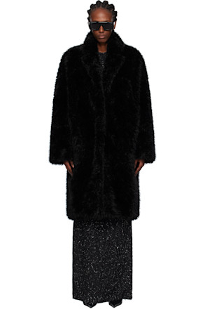 Black Notched Lapel Faux-Fur Coat