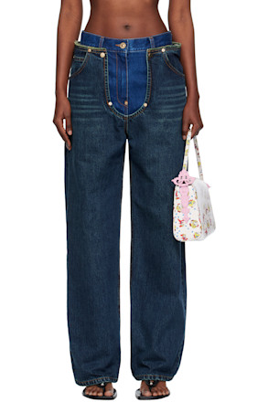 Navy Blooming Layered Washed Jeans