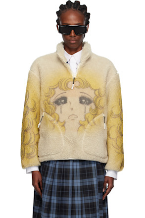 Yellow & Beige Crying Girl Half Zip Up Fleece Sweater