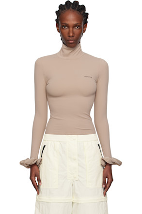 Beige Scrunchie Sleeve Jersey Turtleneck