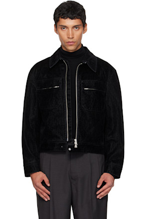 Black Double Pocket Trimming Collar Velvet Denim Jacket
