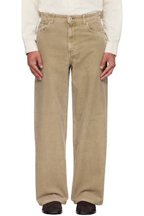 Beige Corduroy Washed Semi Wide Trousers