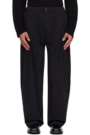 Black Banding Waist Washed Double Pleated Cotton Trousers