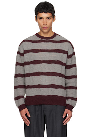 Gray & Burgundy Hairy Stripe Knit Sweater
