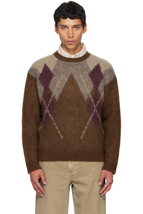Brown Hairy Mixed Argyle Crewneck Sweater