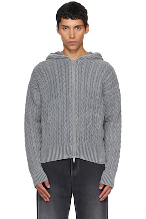 Gray Cotton Piece Dyed Cable Zip-Up Hoodie