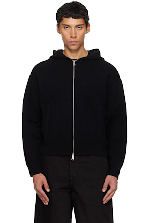 Black Double Face Wool Blend Zip-Up Hoodie