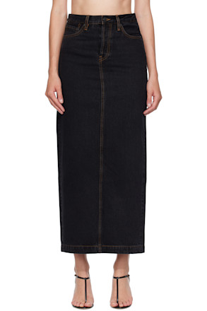 Black Denim Column Midi Skirt
