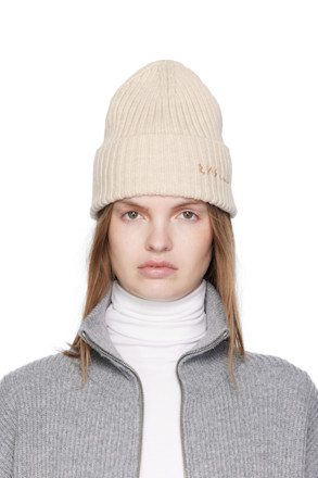 Beige Monogram-Embroidered Wool Beanie