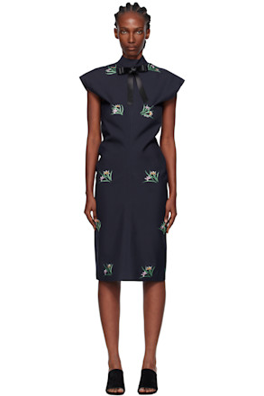 Navy Embroidery Bias Cut Midi Dress