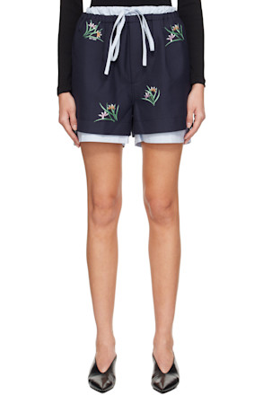 Navy Embroidered Layered Shorts