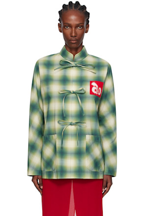 Green Stand Collar Printed Shirt