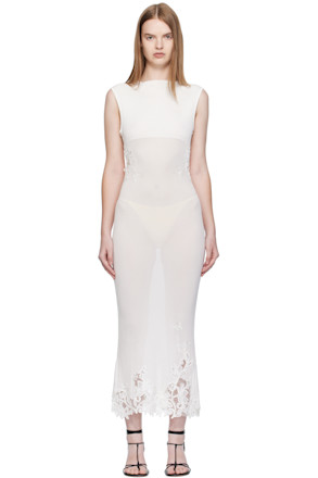 White Hibiscus Embroidered Rib Midi Dress