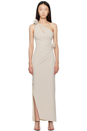 Beige Asymmetric Flower Maxi Dress