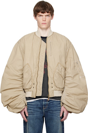 Beige Washed Nylon Bomber Jacket