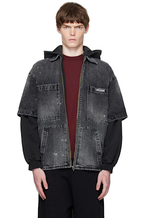 Black Faded Layered Hoodie Denim Jacket